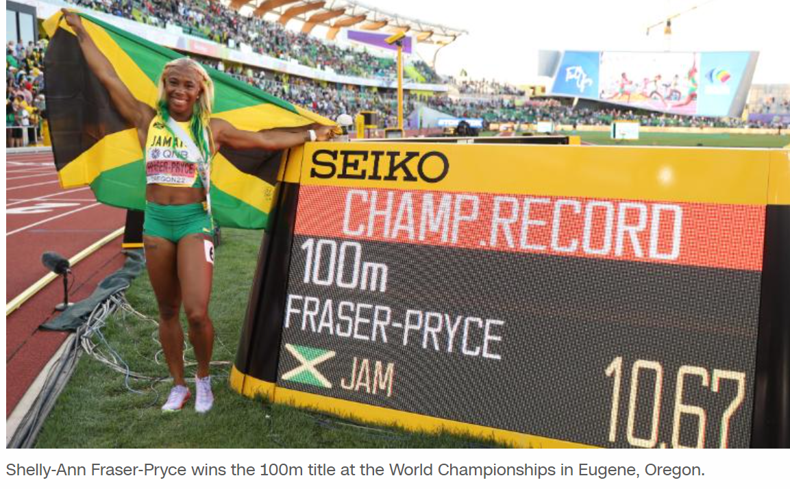 Shelly-Ann Fraser-Pryce wins record fifth 100m world title as Jamaica sweeps podium