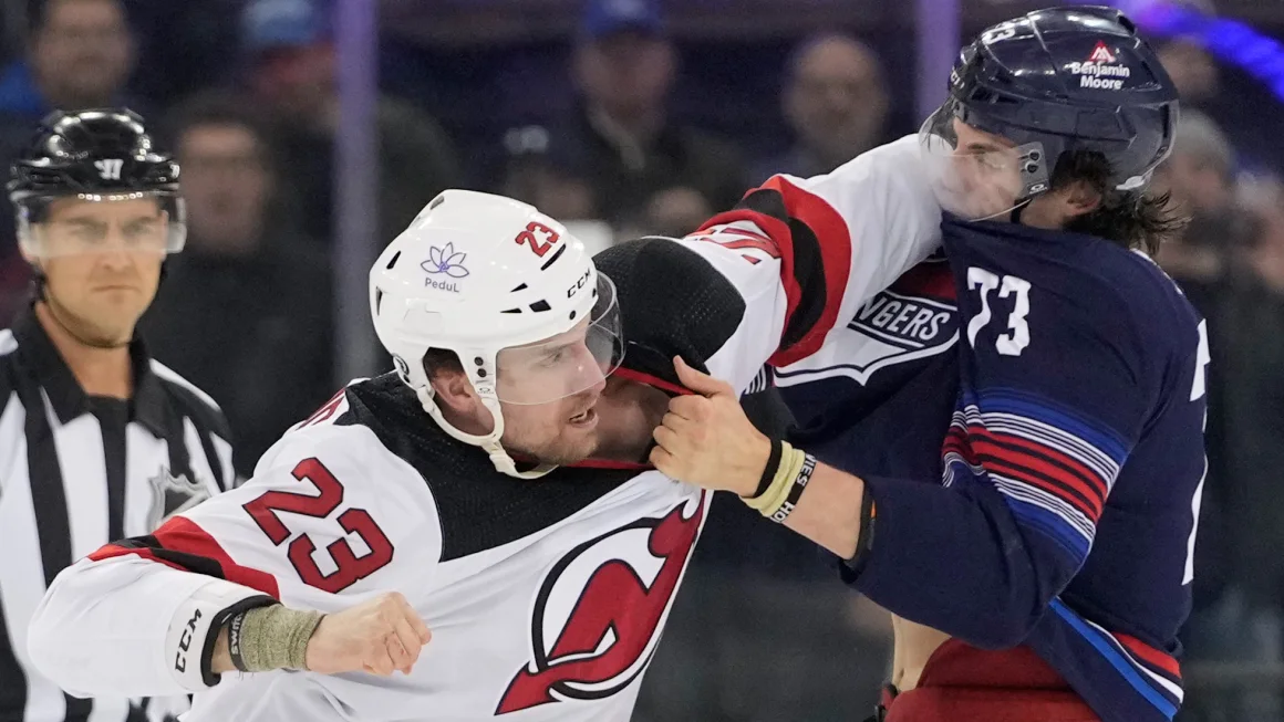 Chaos ensues at puck drop between New York Rangers and New Jersey Devils as 10 players brawl